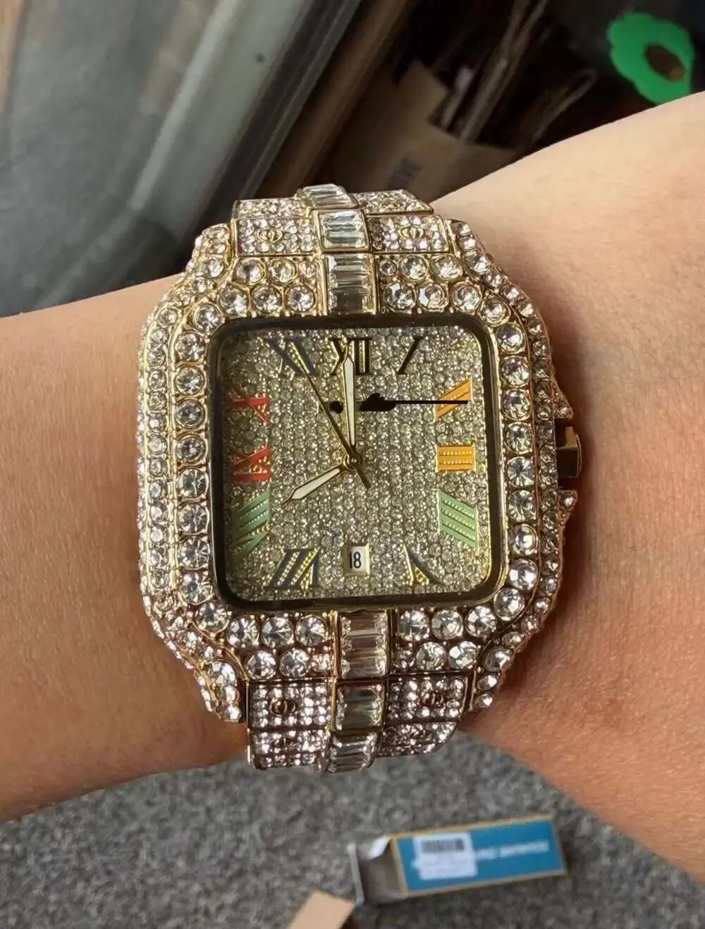 Iced Out Gold-Tone Square Wristwatch with 925 prongs. MENS LUXYRY WATCH